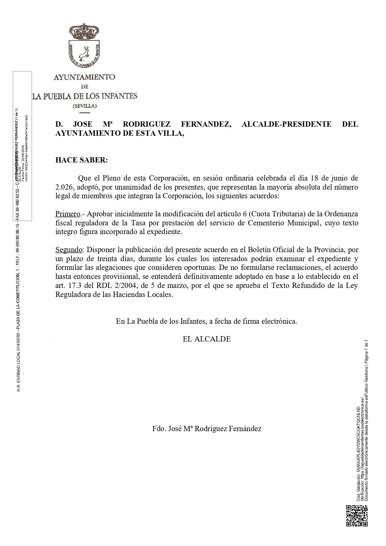 ANUNCIO provisional Ordenanza cementerio 2026